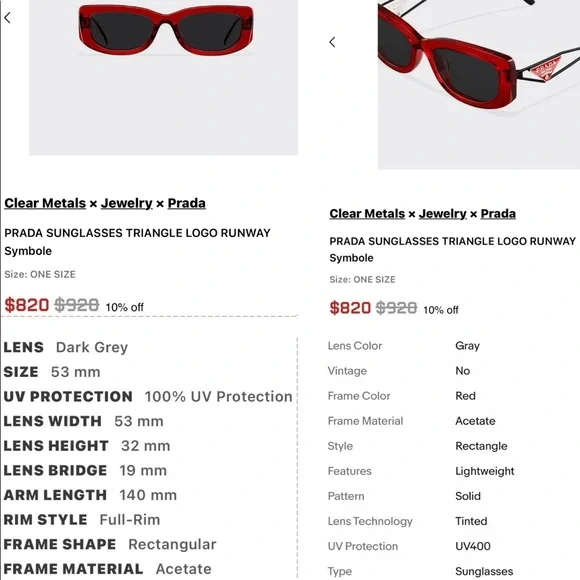 PRADA ULTRA COOL RED FRAMES &METAL ARMS THAT FEATURE THE SIGNATURE TRIANGLE LOGO - Picture 13 of 16